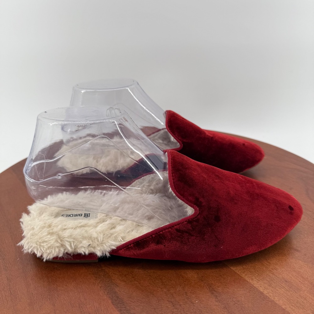 Birdies The Phoebe Mules Burgundy Velvet Faux Fur Pointed Toe Flat Women 7.5